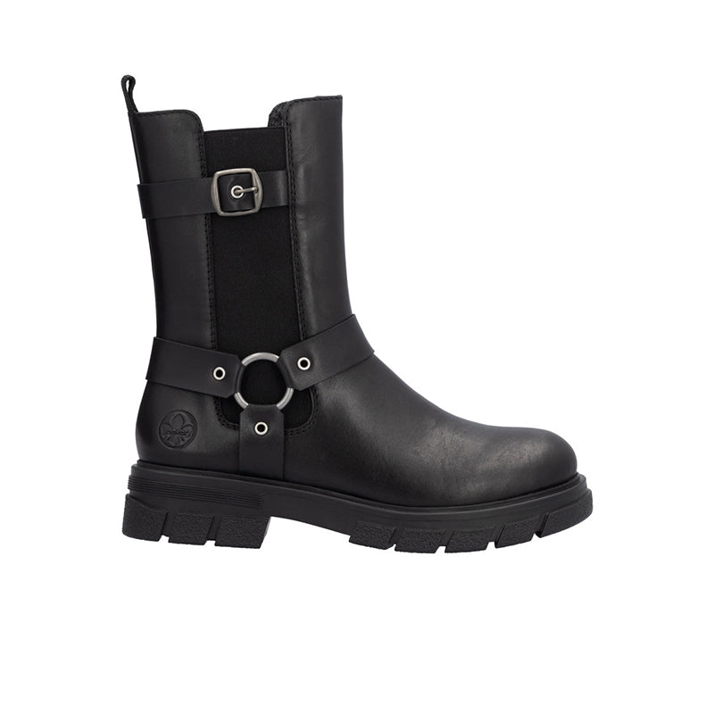 Black ankle boots with side buckles and chunky lug sole