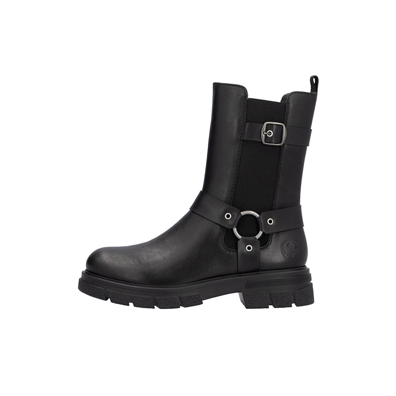 Black mid-calf boots with double strap buckles and lug sole