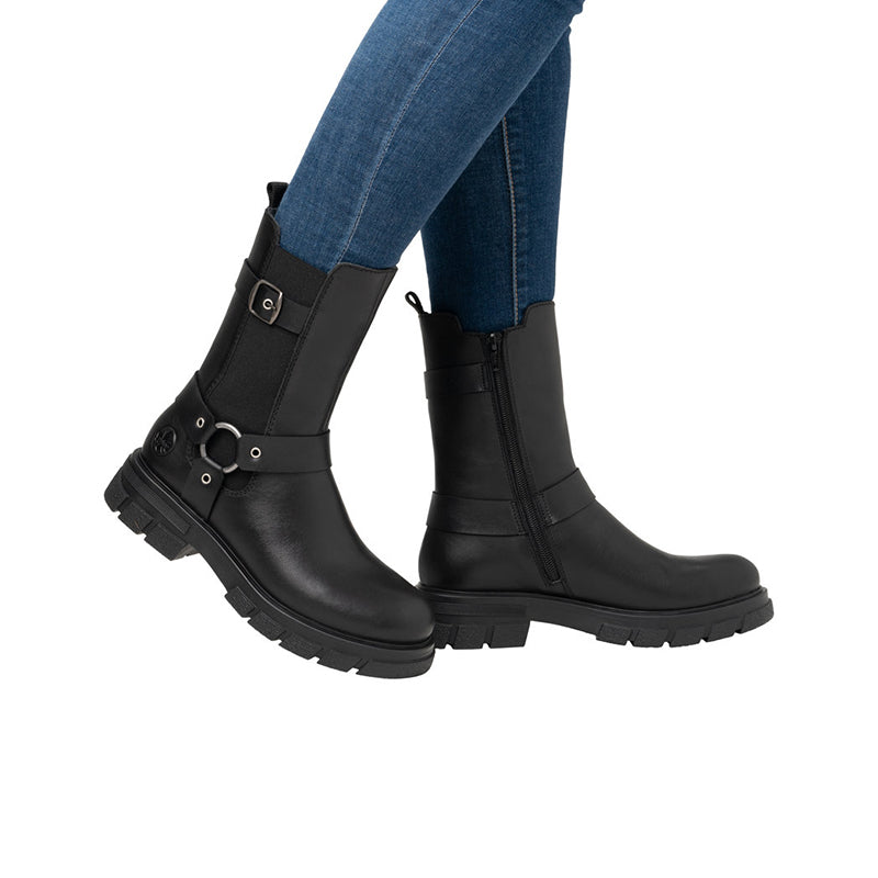 Black women's mid-calf boots with straps and lug tread sole