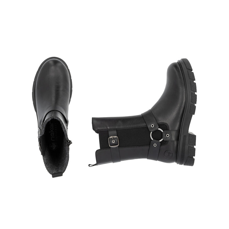 Black mid-calf boot pair, side view with buckle straps