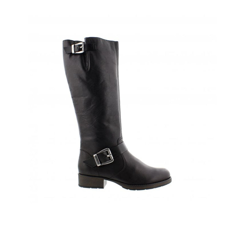 Black leather knee-high boots with two strap buckles and low block heel