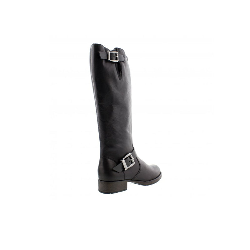 Black leather knee-high boots with ankle buckle strap and low block heel