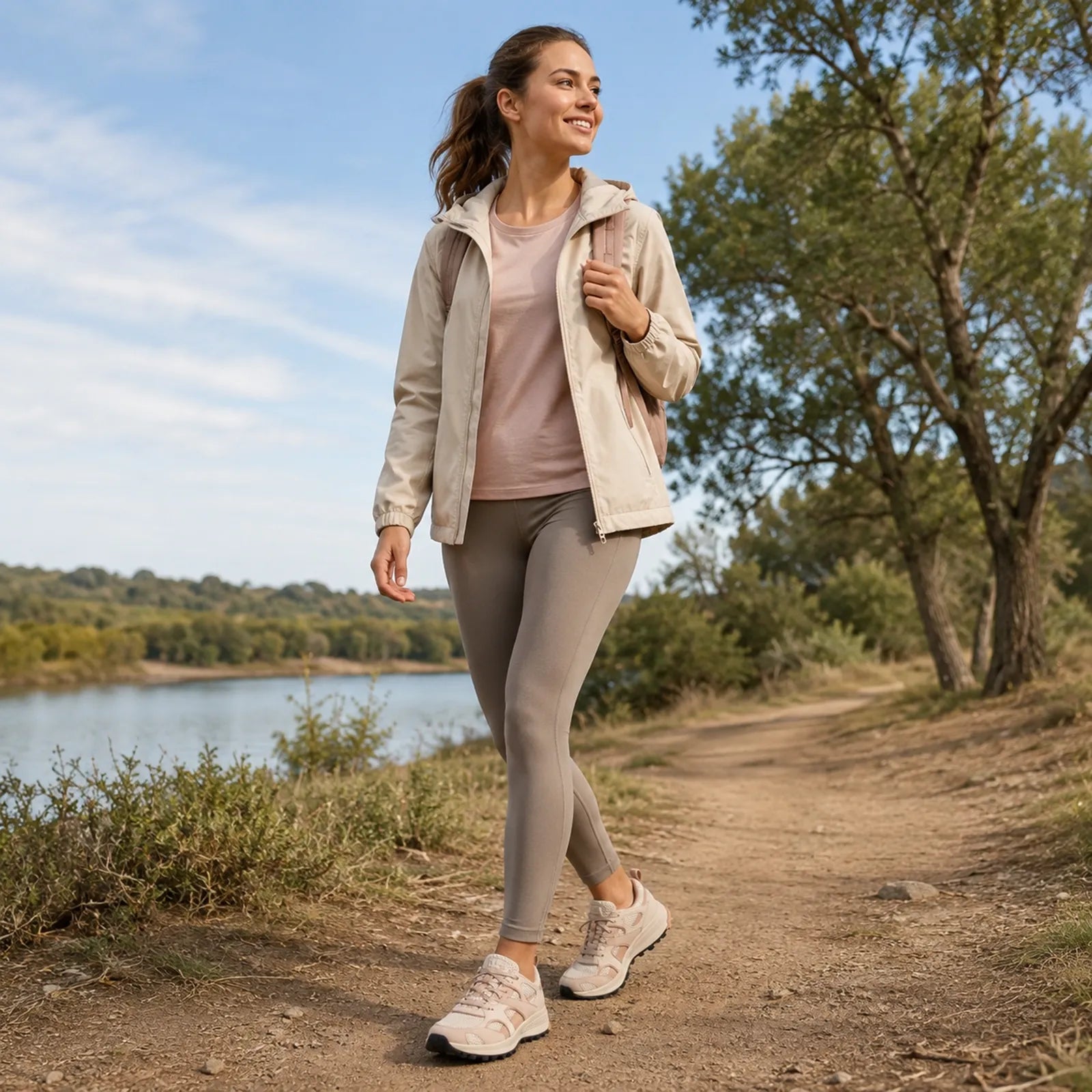 Woman wearing Clarks ATL Trek Mesh waterproof sneakers for outdoor walking and travel