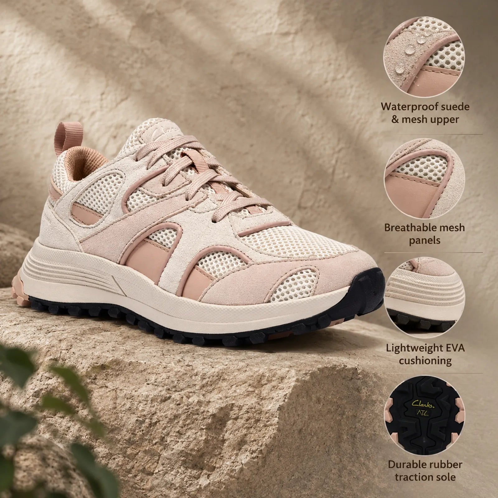 Close-up detail of Clarks ATL Trek Mesh sand suede and breathable mesh upper