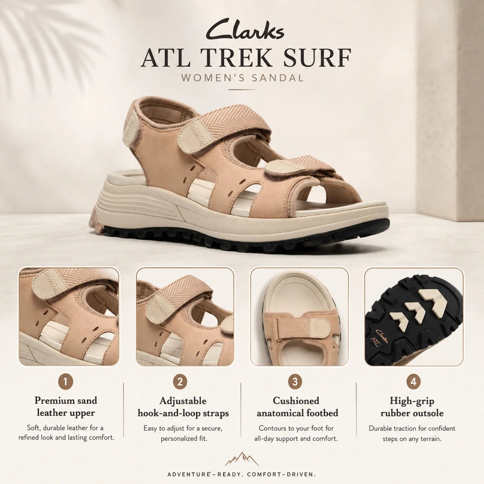 Clarks ATL Trek Surf sandals featuring cushioned comfort and adjustable straps