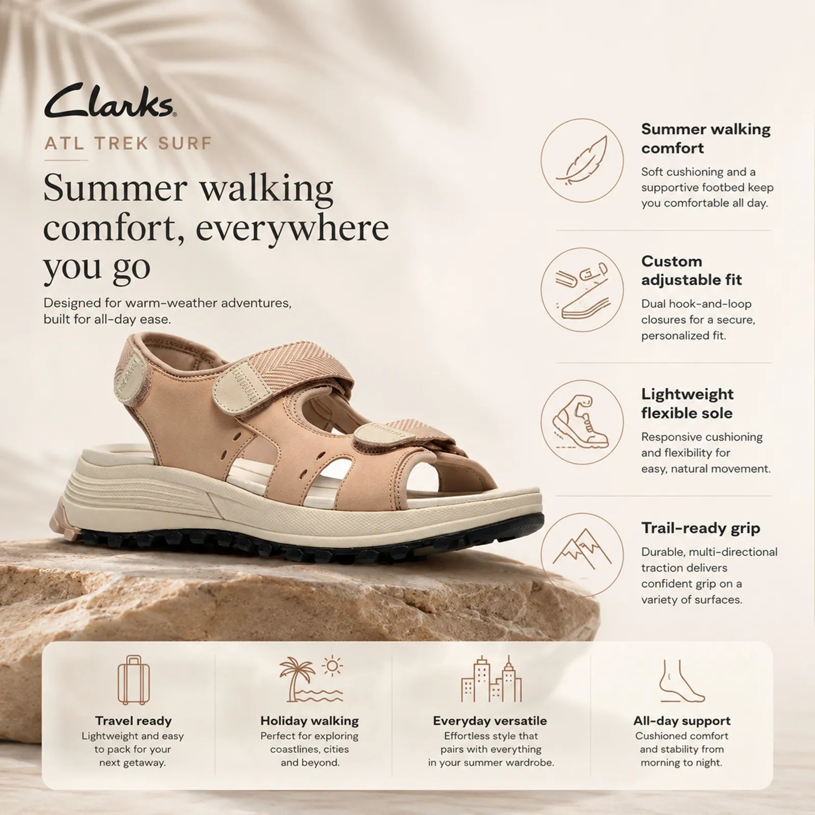 Close-up detail of Clarks ATL Trek Surf sand leather straps and outdoor design
