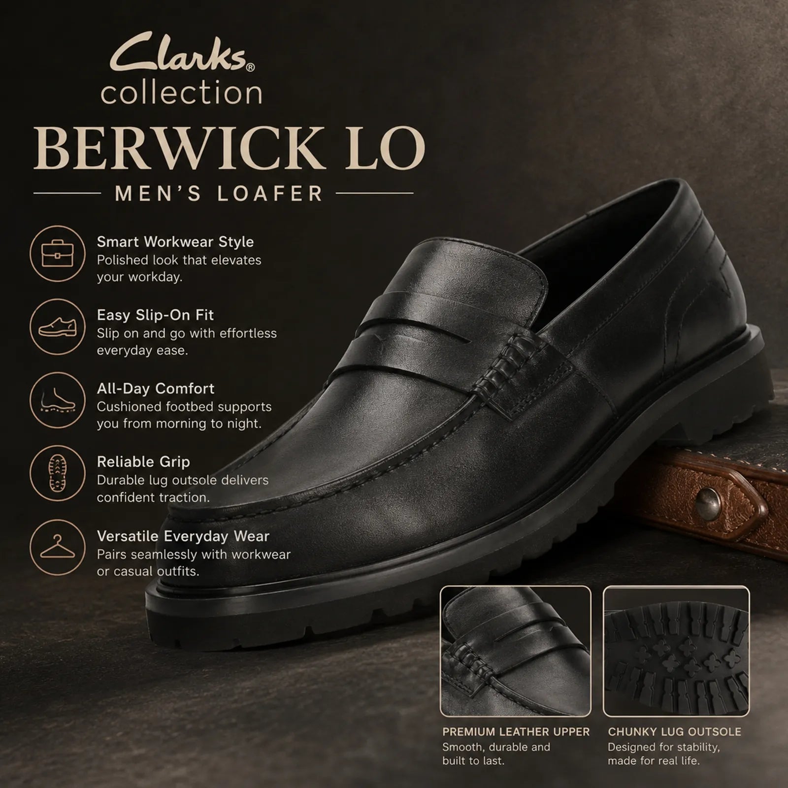 Clarks Berwick Lo men's loafers featuring premium leather construction and everyday comfort