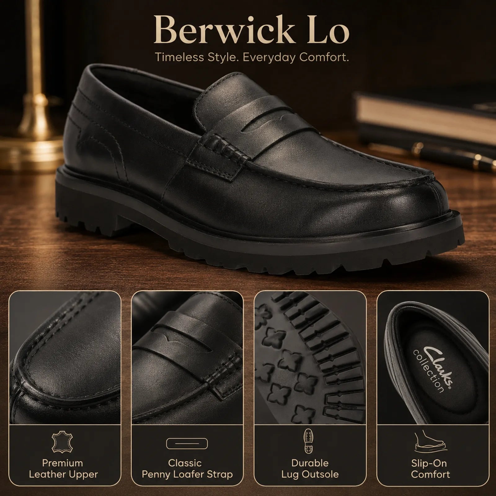 Close-up detail of Clarks Berwick Lo black leather upper and refined loafer craftsmanship