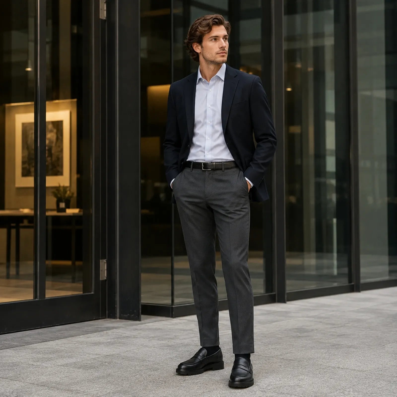 Man wearing Clarks Berwick Lo black leather loafers with smart business outfit