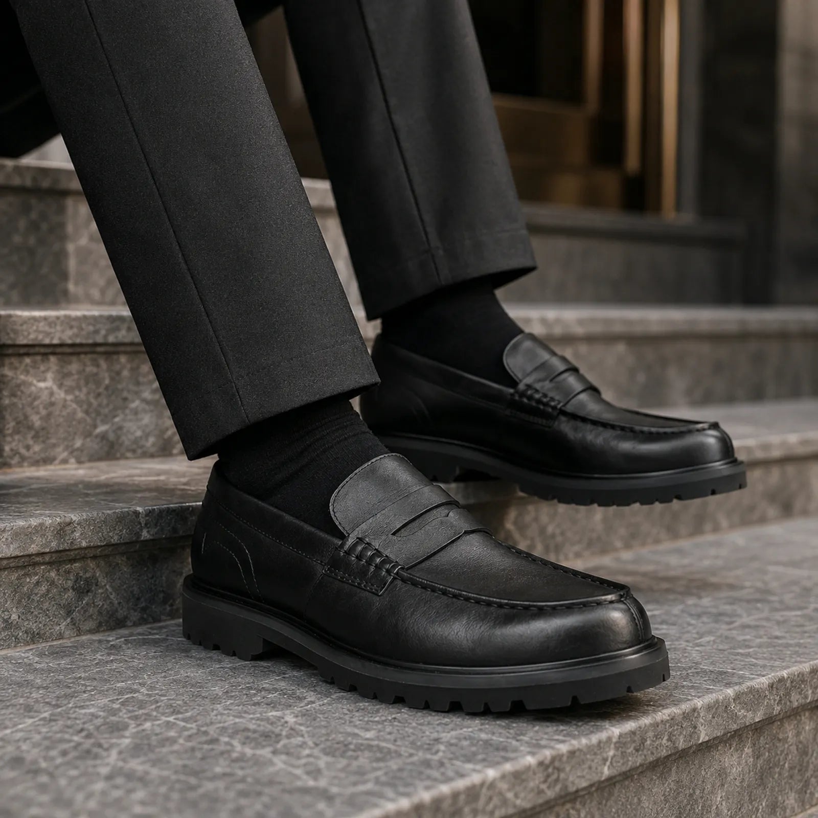 Clarks Berwick Lo black leather loafers shown on foot for comfortable office wear
