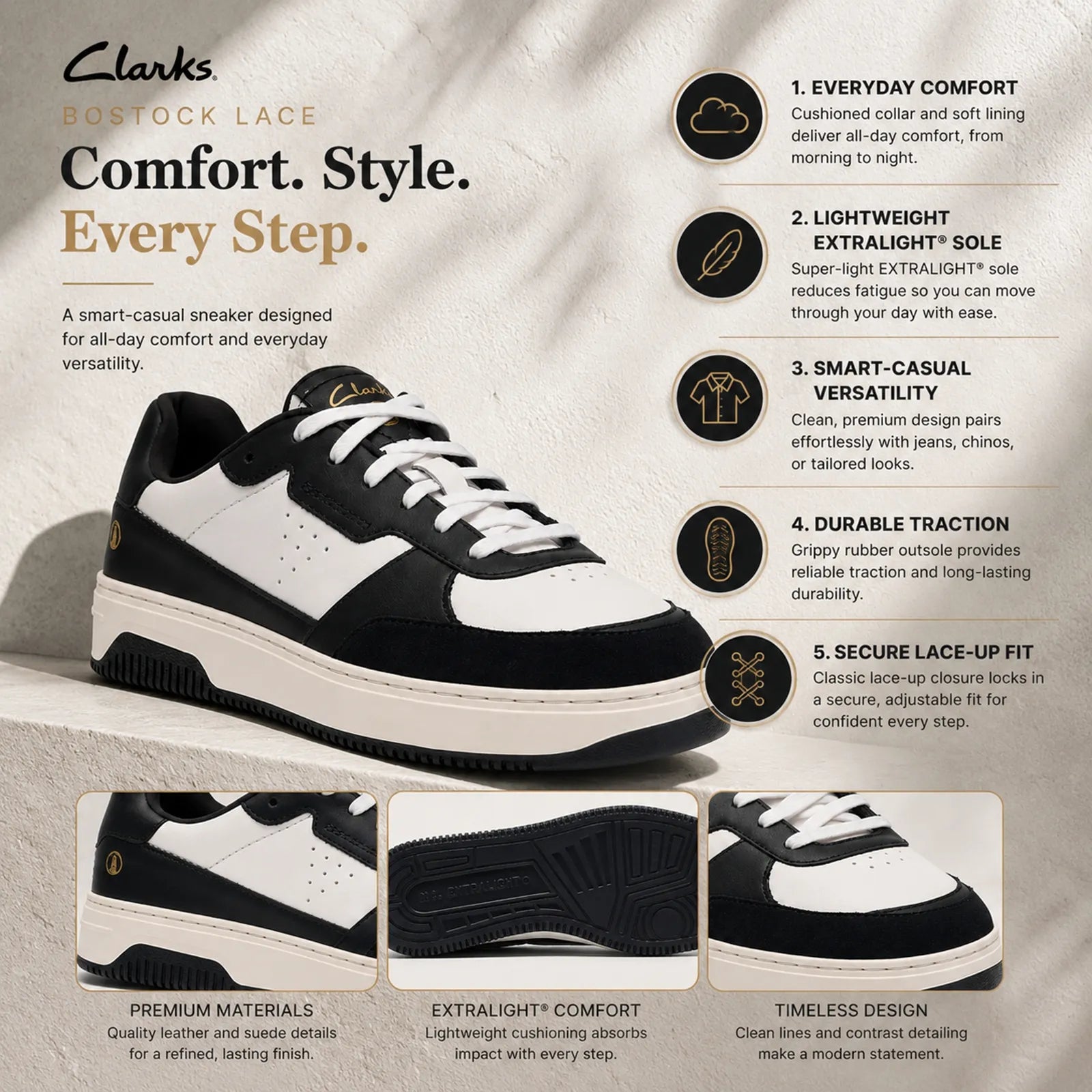 Clarks Bostock Lace sneakers featuring EVA cushioning and lightweight EXTRALIGHT sole