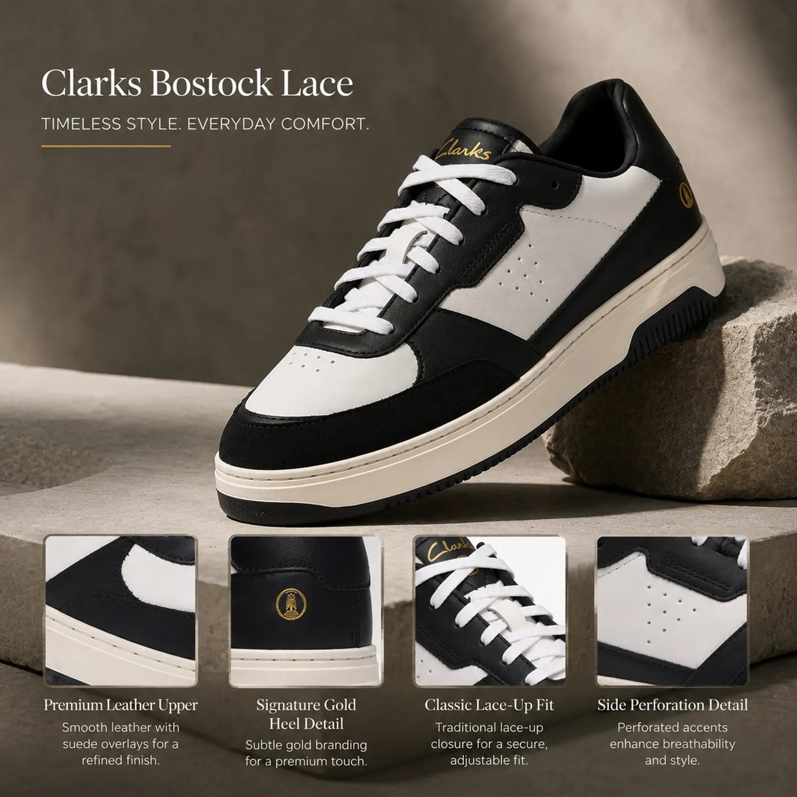 Close-up detail of Clarks Bostock Lace navy leather upper and gold logo detail