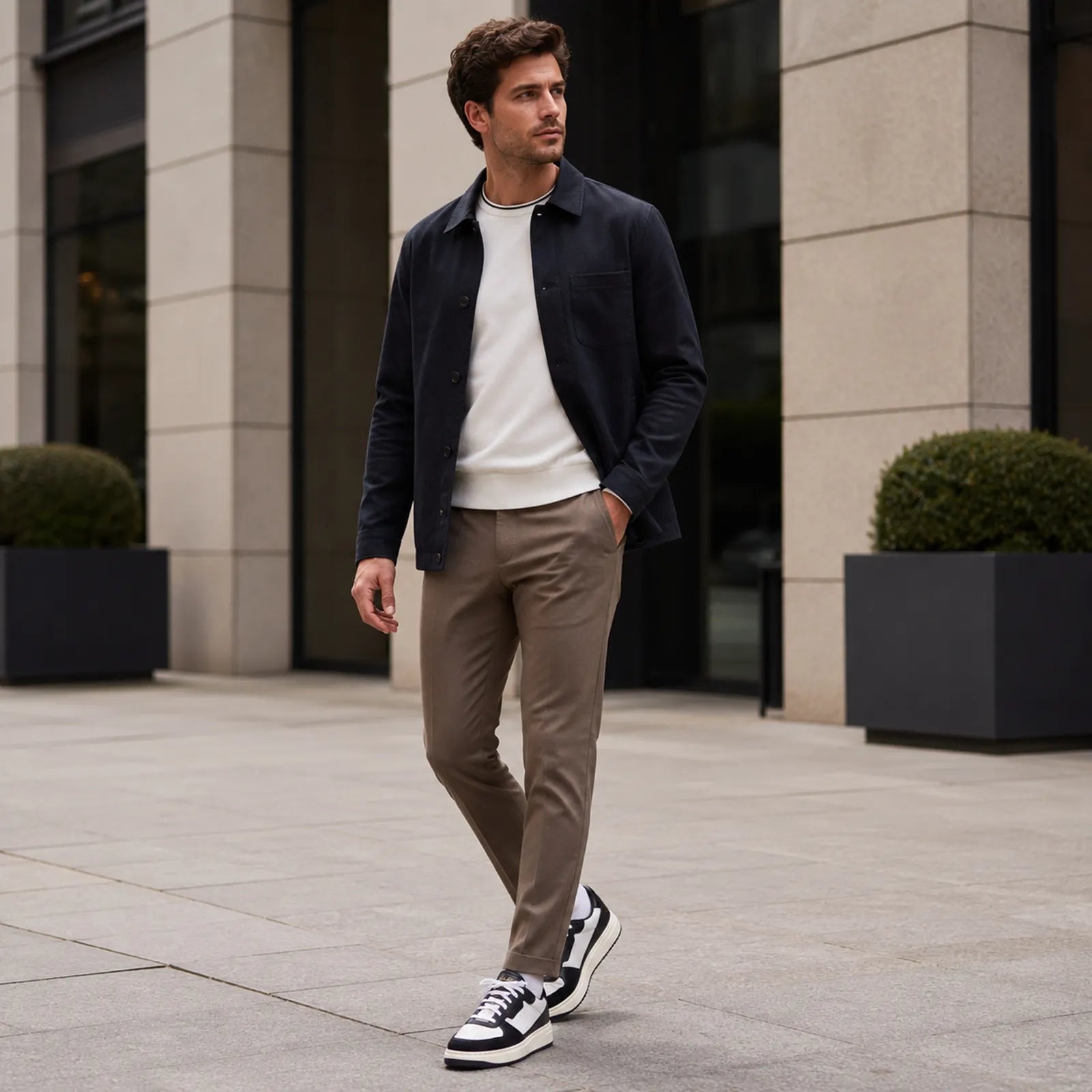 Man wearing Clarks Bostock Lace navy sneakers with smart casual outfit