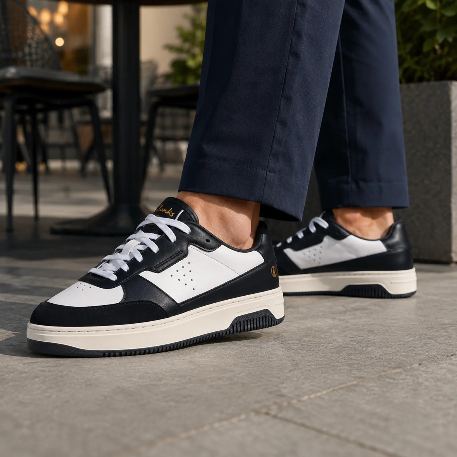 Clarks Bostock Lace navy leather sneakers shown on foot for comfortable everyday wear