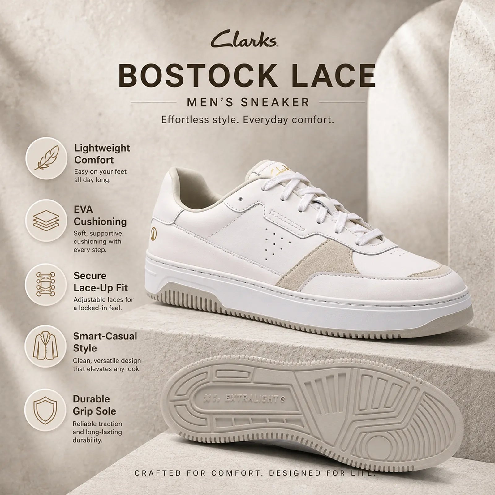 Clarks Bostock Lace sneakers featuring EVA foam footbed and lightweight comfort technology