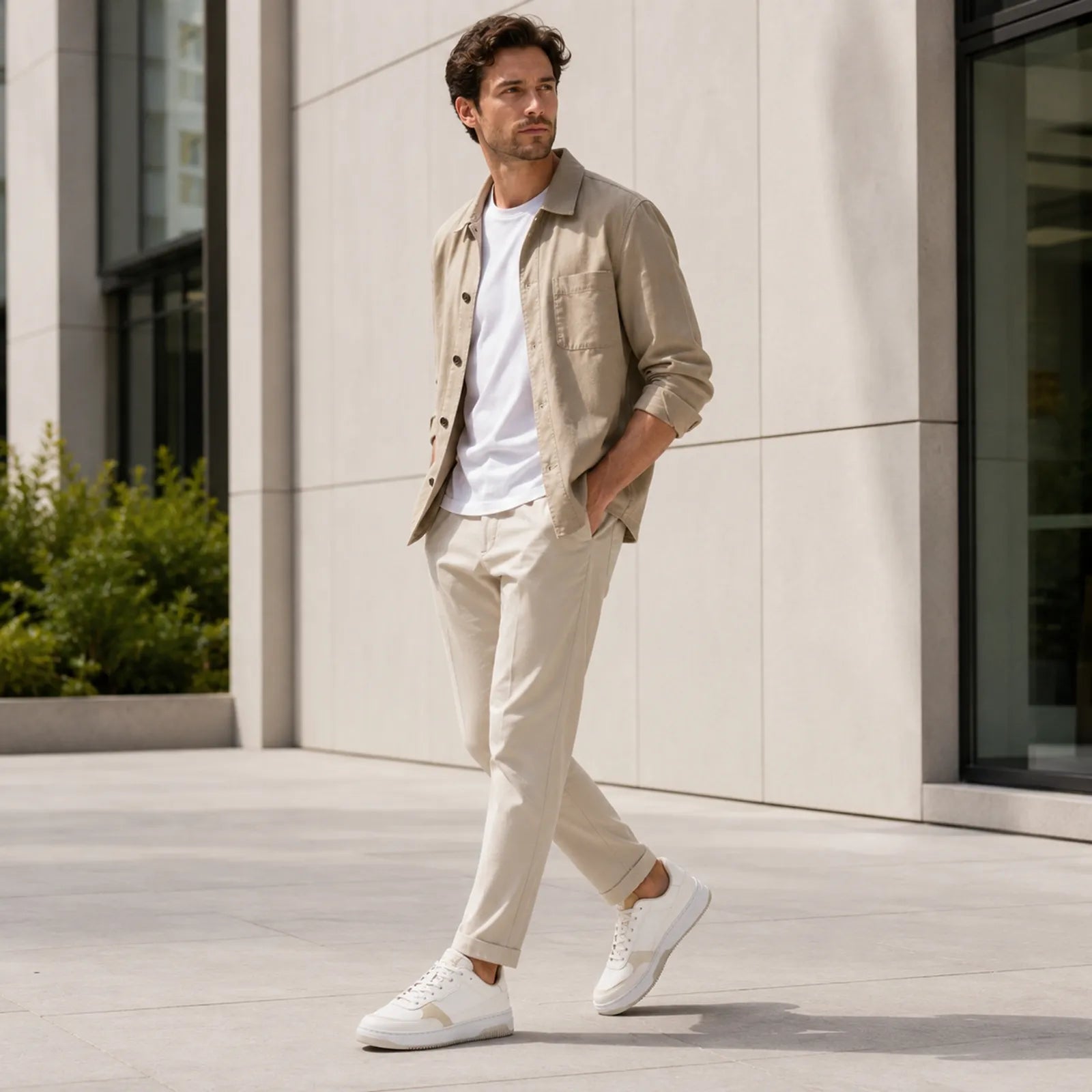 Man wearing Clarks Bostock Lace white sneakers for smart casual everyday styling