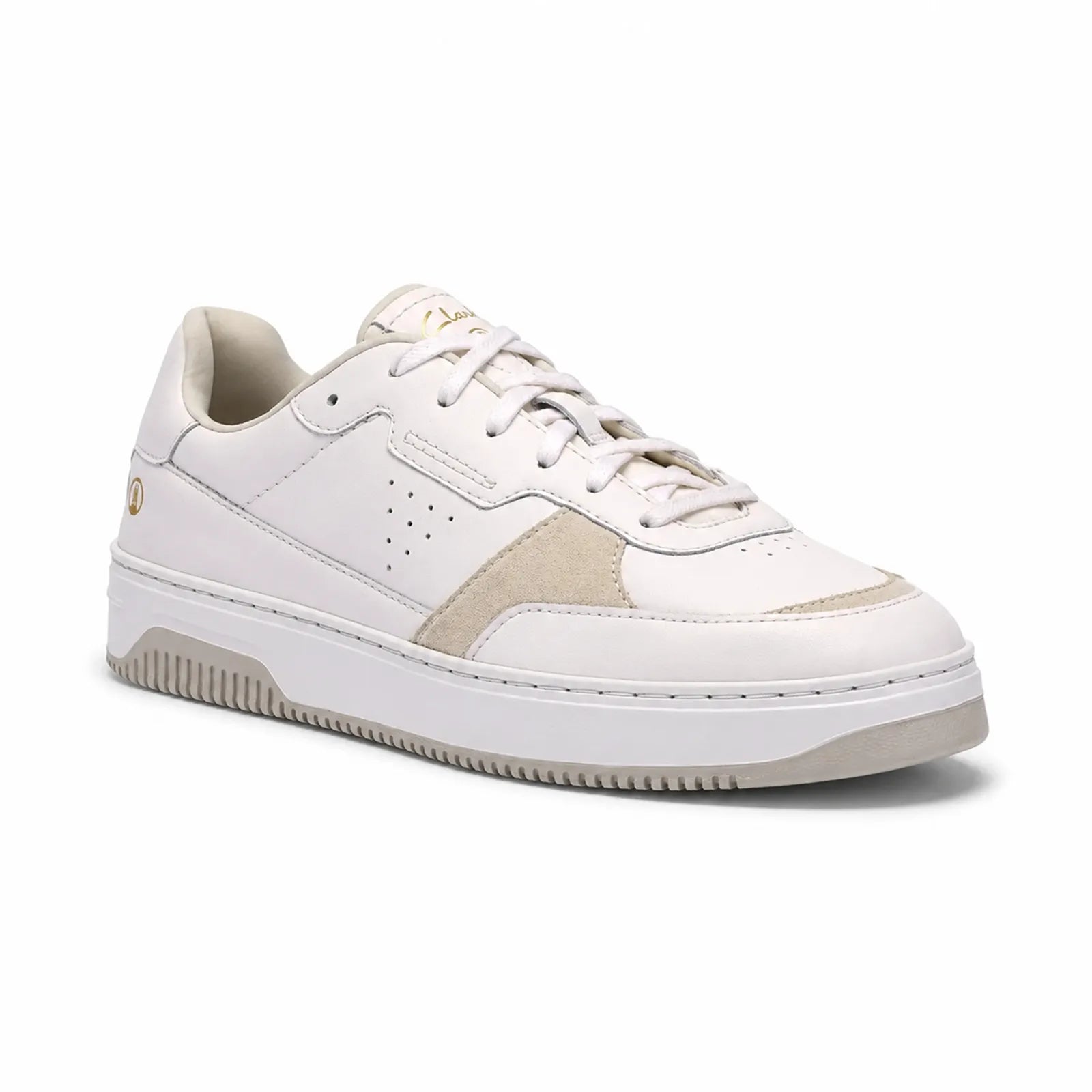 Clarks Bostock Lace men's white leather sneakers with modern basketball inspired design