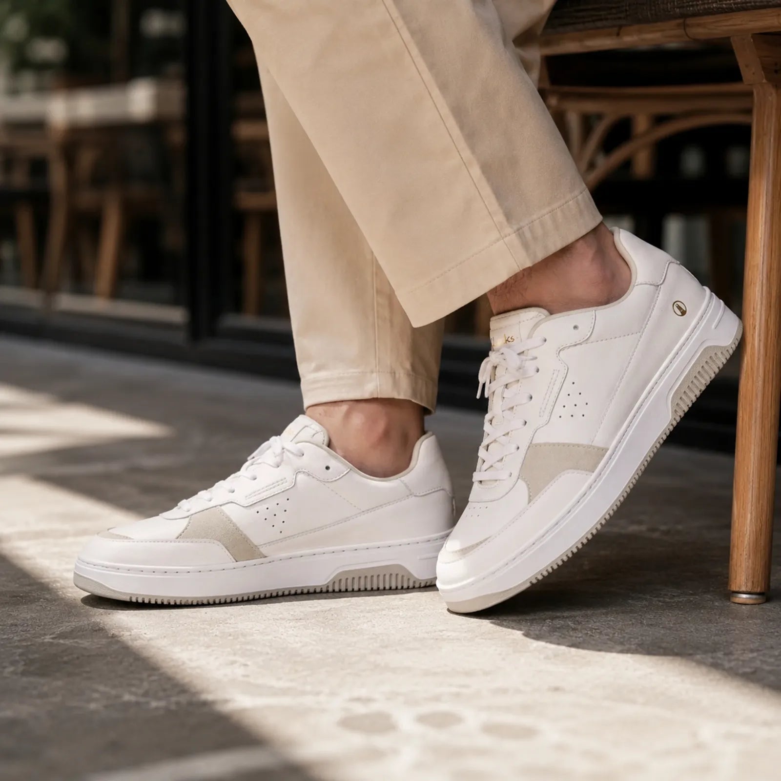 Clarks Bostock Lace white leather sneakers shown on foot for comfortable everyday wear