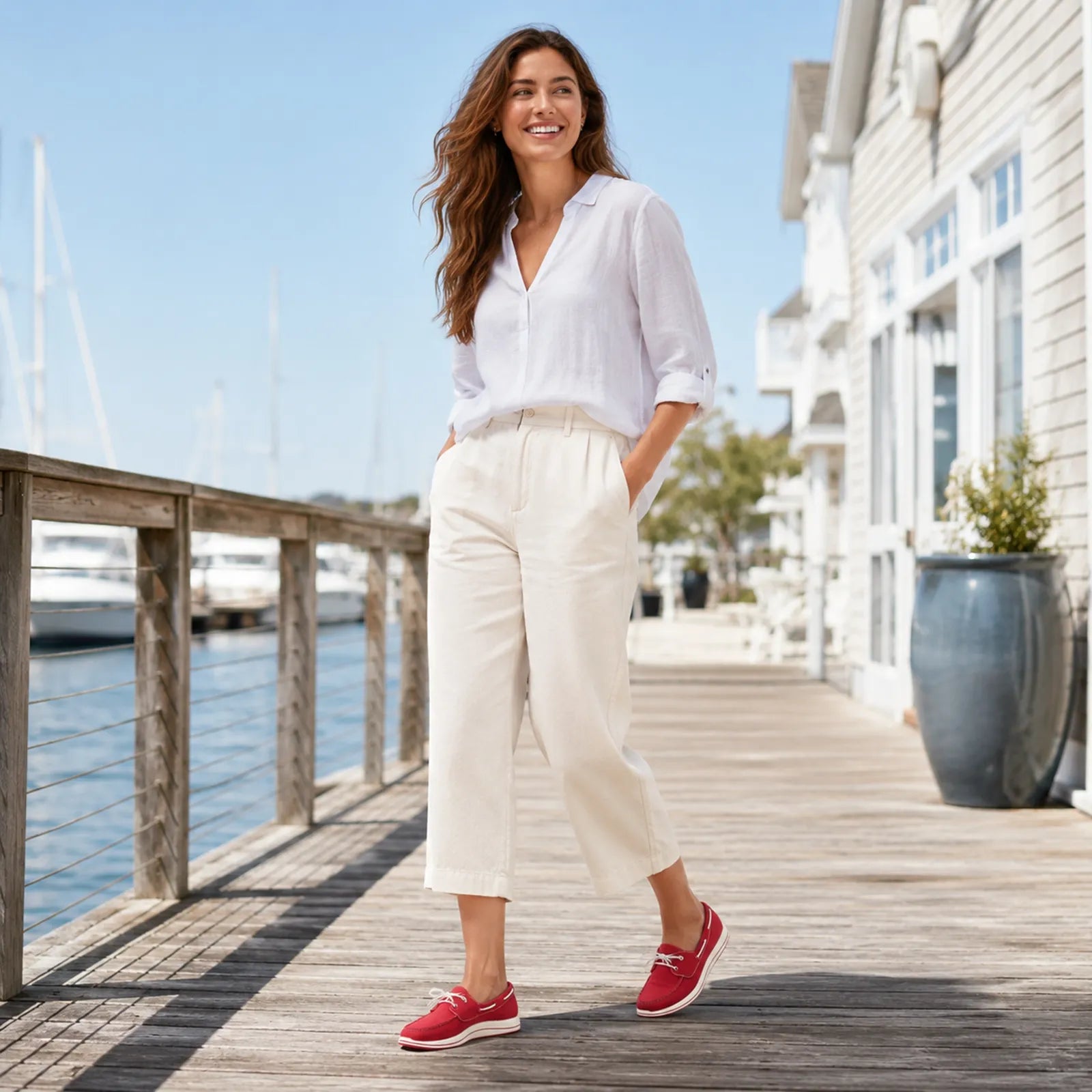 Woman wearing Clarks Brinkley Edge cherry boat shoes for casual summer styling