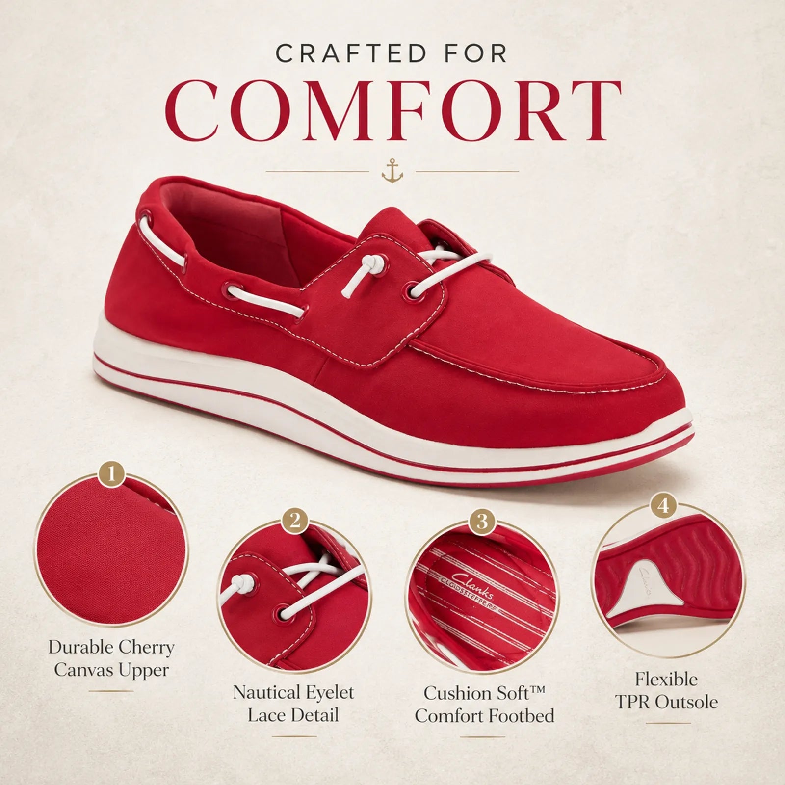 Close-up detail of Clarks Brinkley Edge cherry canvas upper with eyelet knotted trim