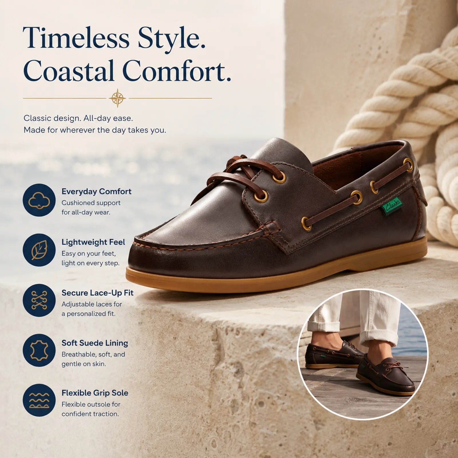 Clarks Charmouth Lace loafers featuring leather laces, suede lining and flexible comfort sole