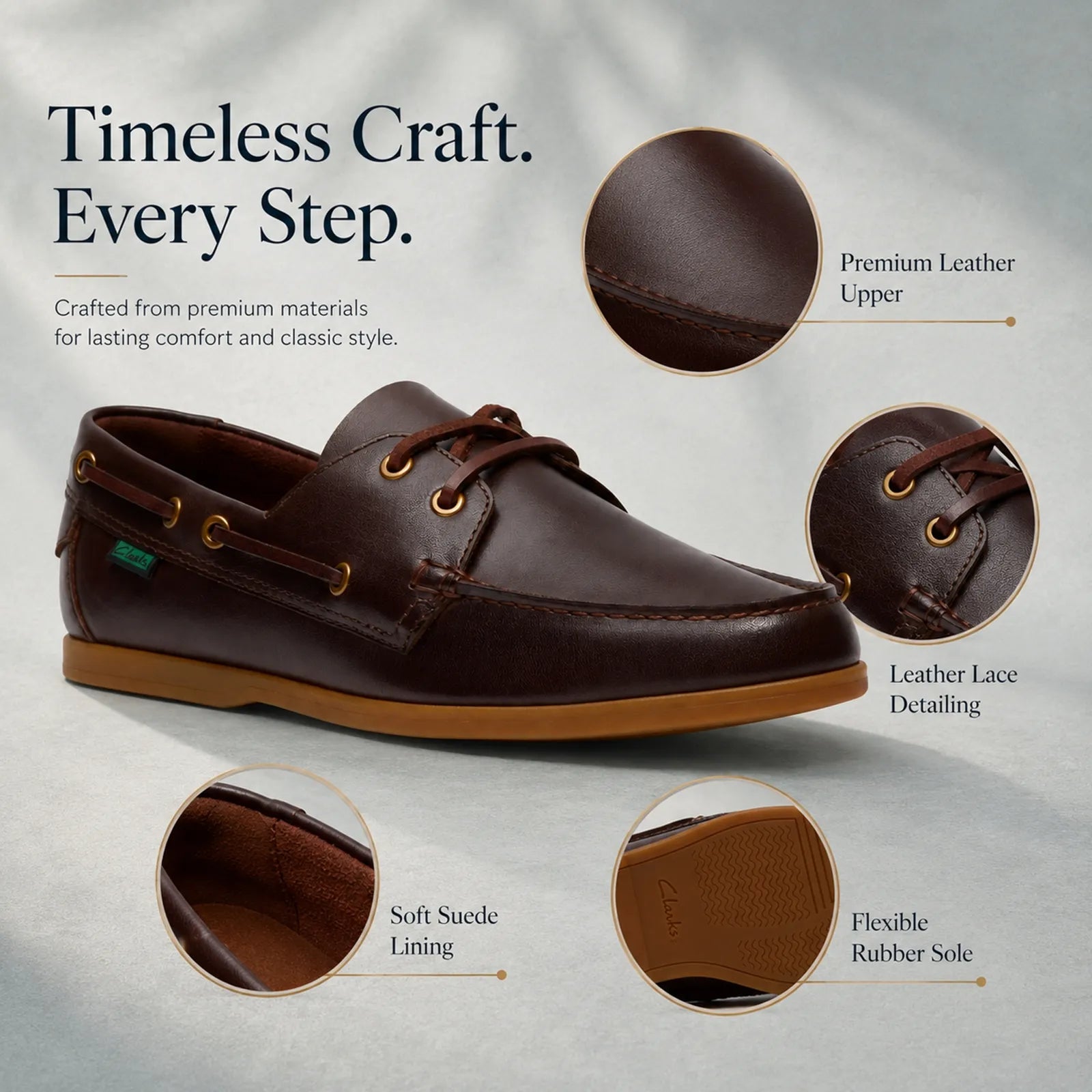 Close-up detail of Clarks Charmouth Lace brown leather upper with eyelet hardware and moc stitch