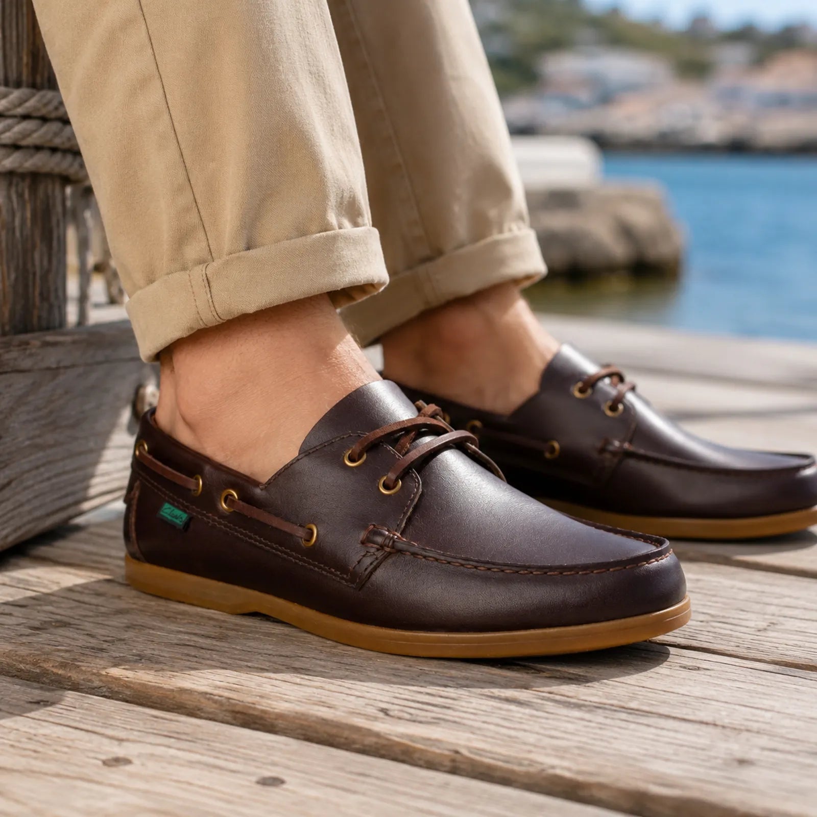 Clarks Charmouth Lace brown leather loafers shown on foot for comfortable everyday wear