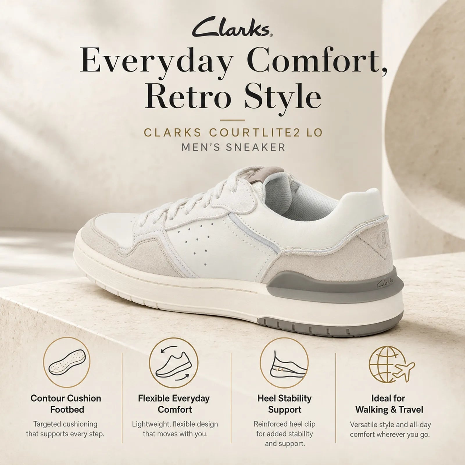 Clarks Courtlite2 Lo sneakers featuring removable Contour Cushion footbed and EVA comfort sole