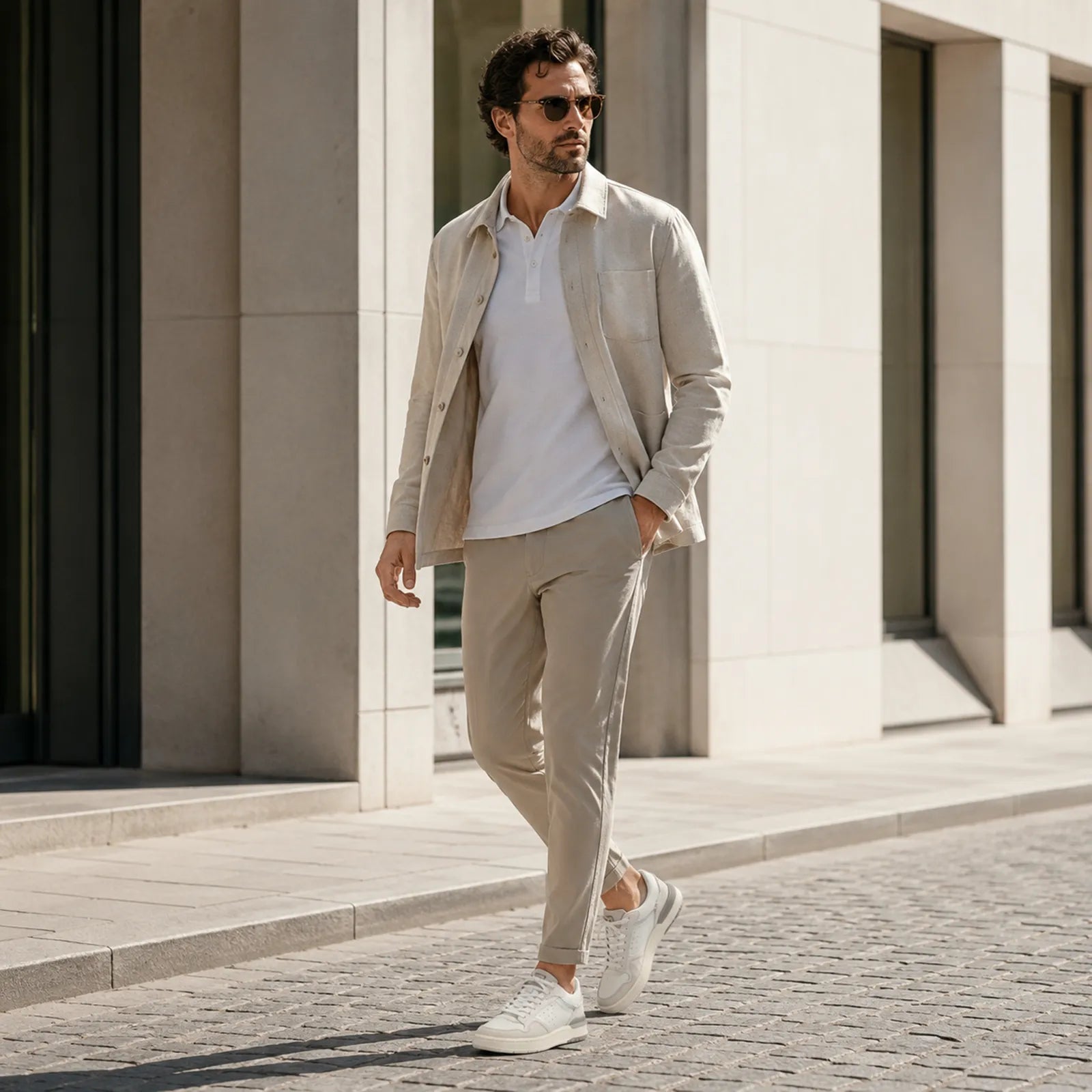 Man wearing Clarks Courtlite2 Lo off white sneakers with casual everyday outfit