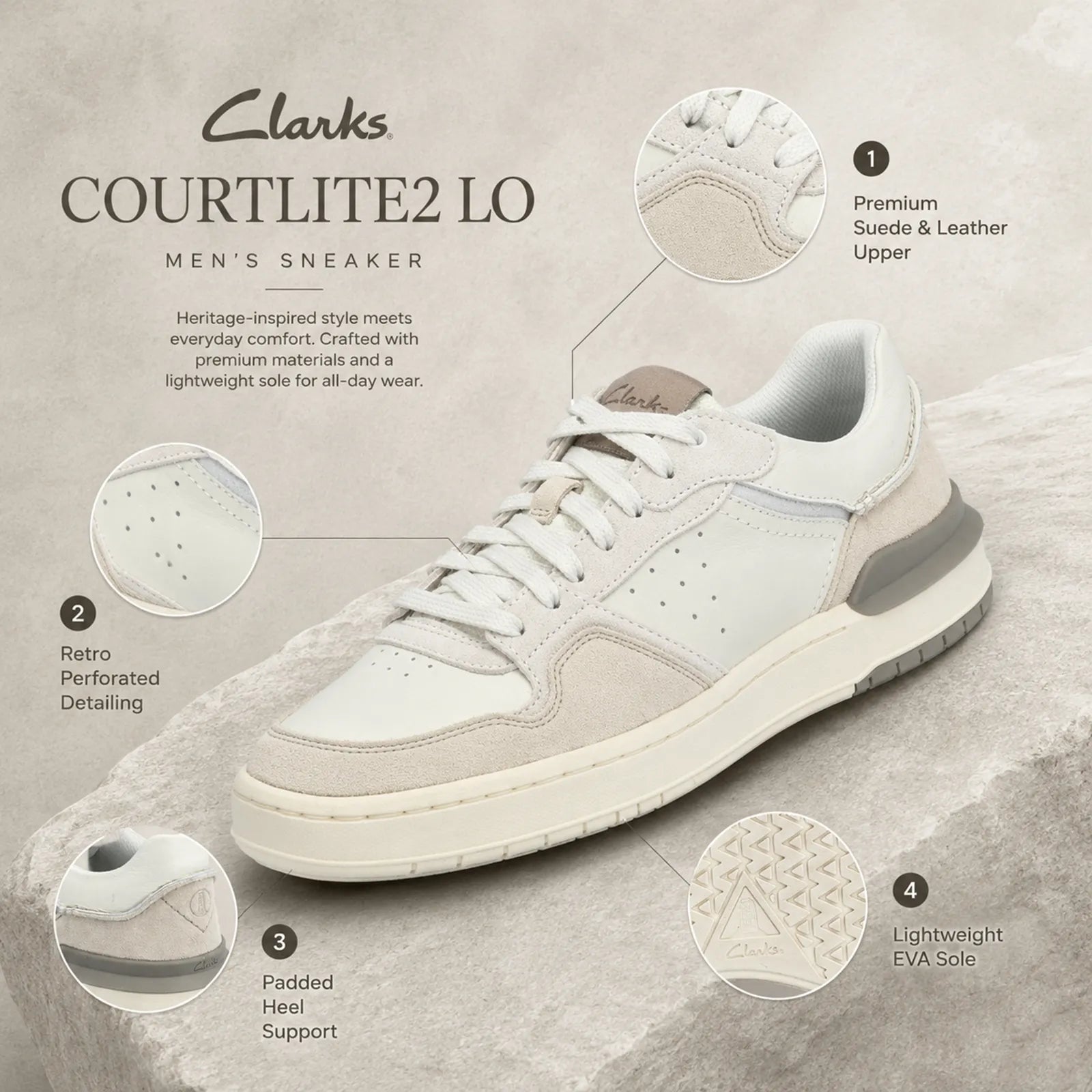 Close-up detail of Clarks Courtlite2 Lo off white suede and leather upper with perforated design