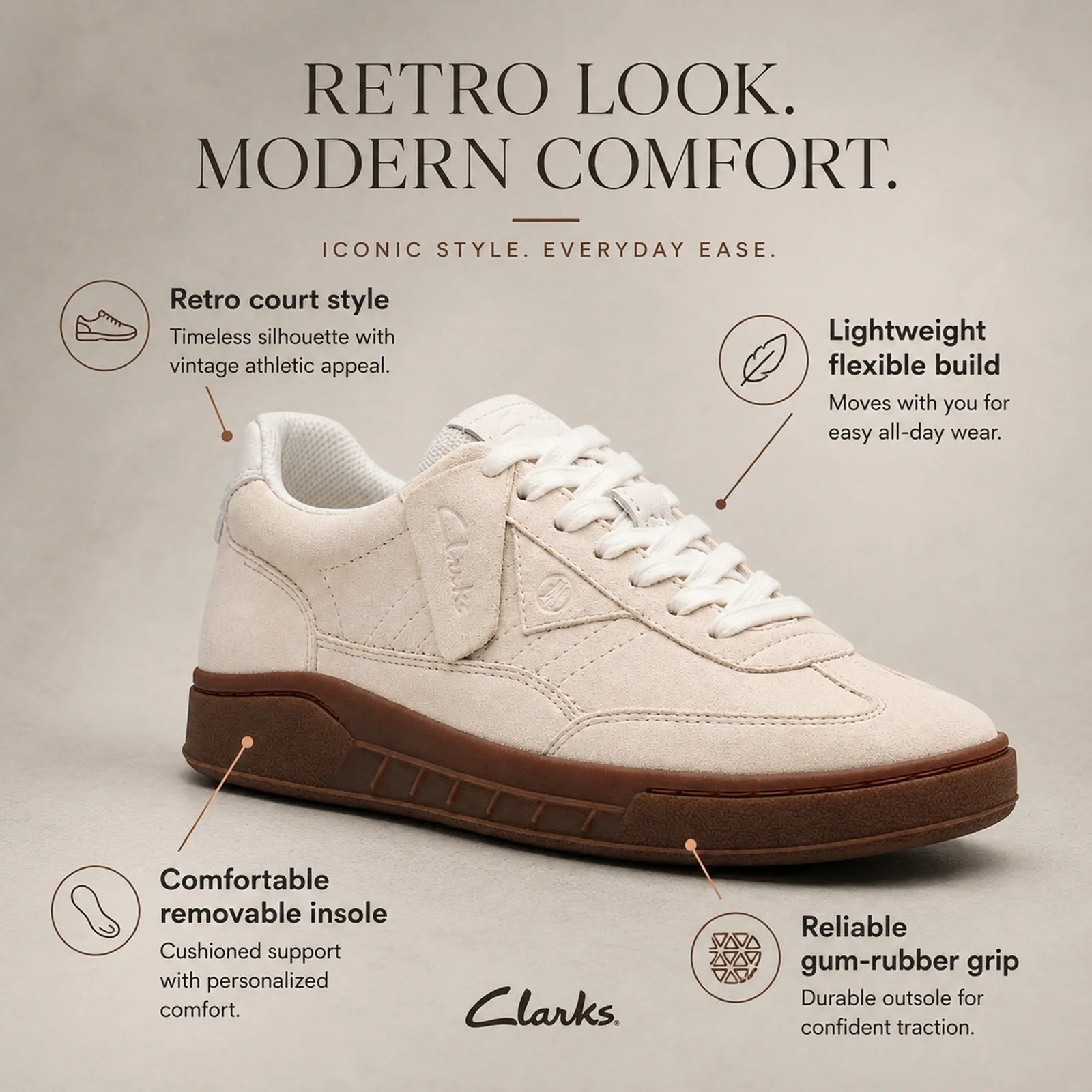Clarks CraftRally Ace off-white suede upper and lace detail
