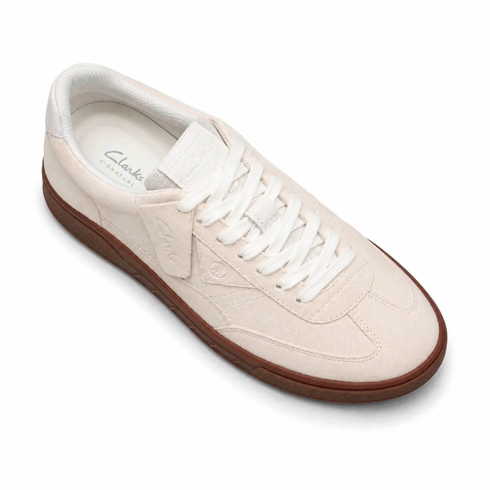 Side view of Clarks CraftRally Ace men's off-white suede trainers