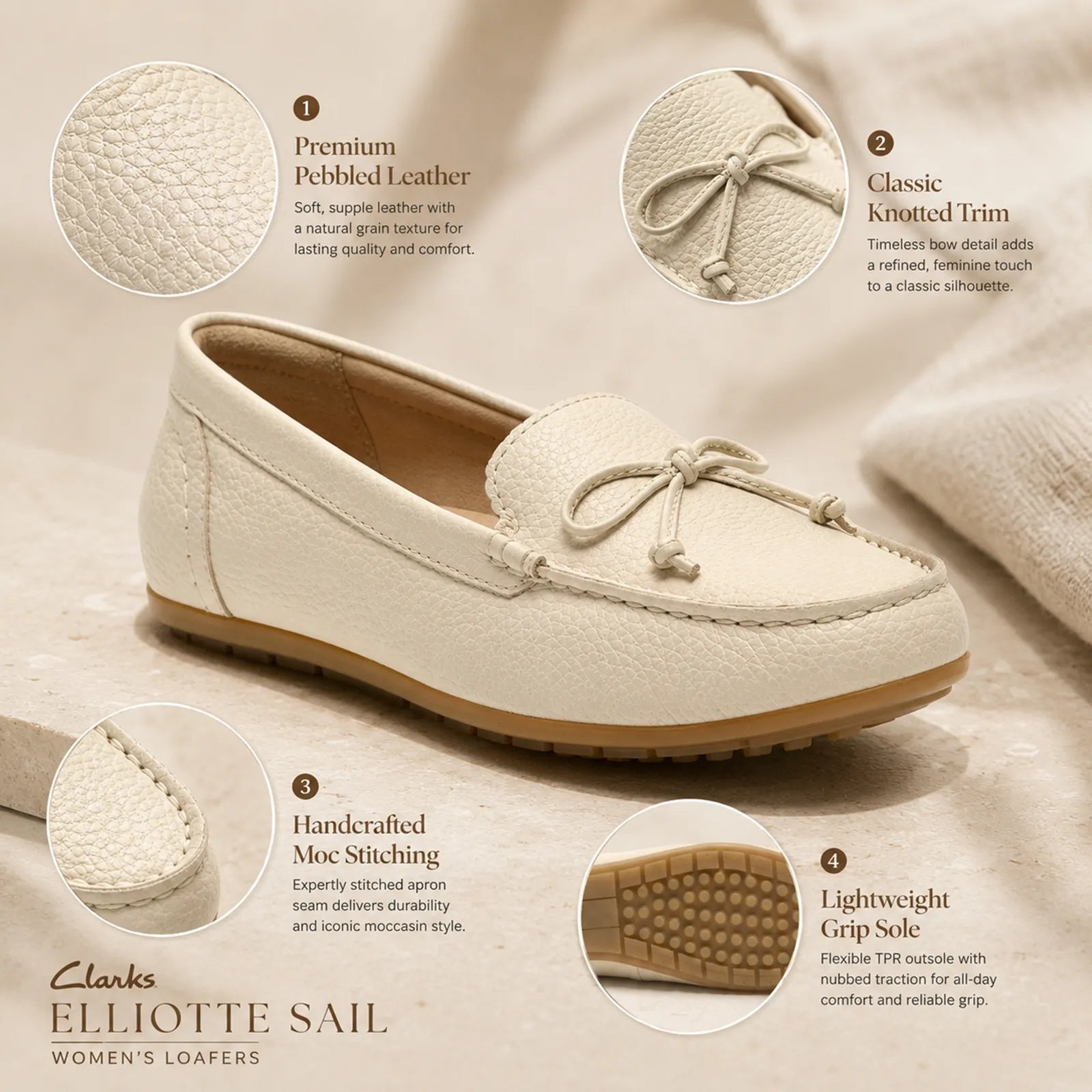 Close-up detail of Clarks Elliotte Sail cream leather upper with knotted trim detail