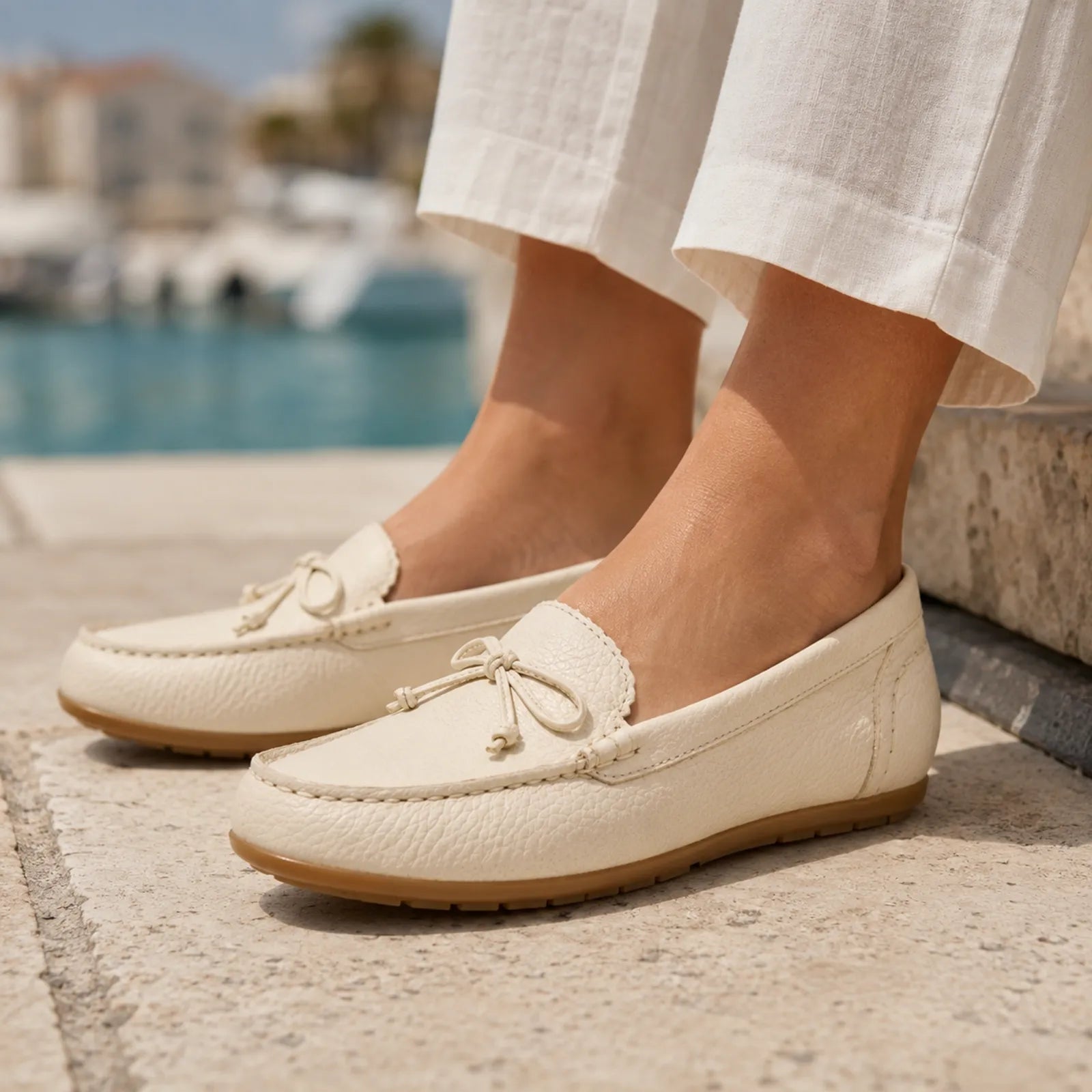 Clarks Elliotte Sail cream leather loafers shown on foot for comfortable everyday wear