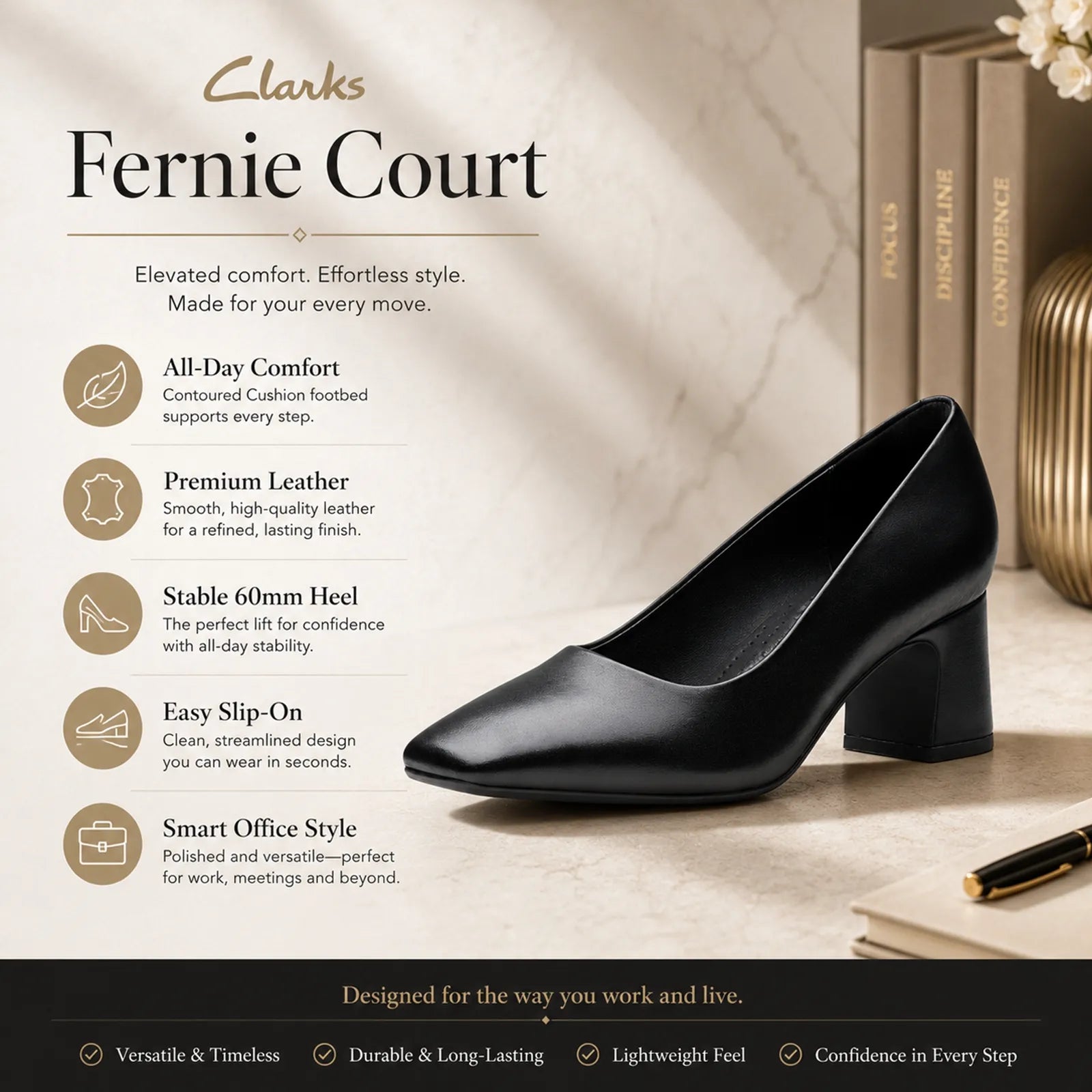Clarks Fernie Court pumps featuring Contour Cushion footbed and flexible rubber sole