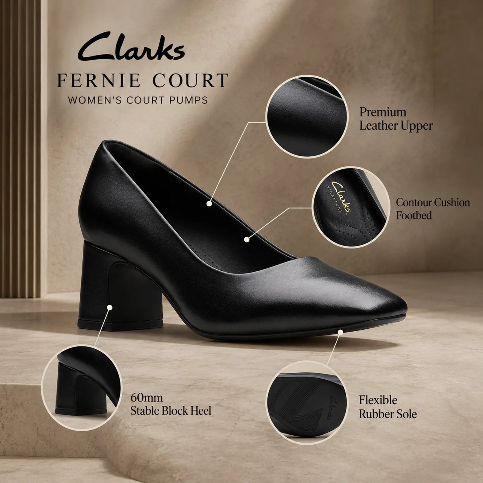 Close-up detail of Clarks Fernie Court black leather upper and square-toe design