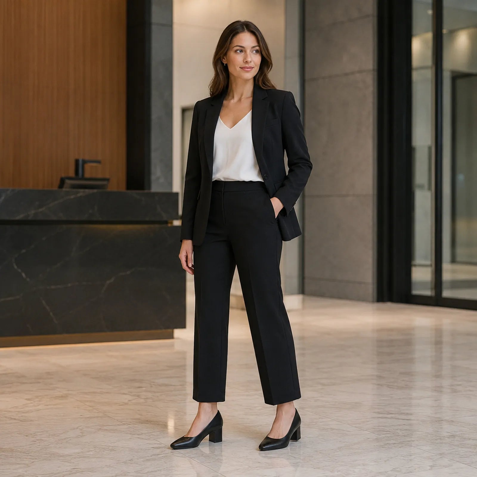 Woman wearing Clarks Fernie Court black pumps with professional office outfit