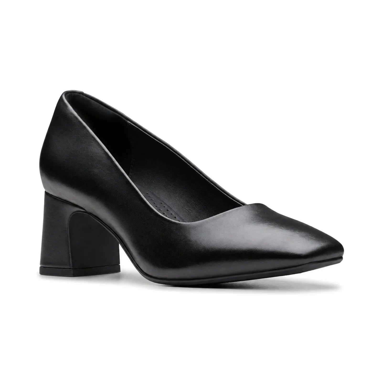 Clarks Fernie Court women's black leather pumps with elegant block heel design
