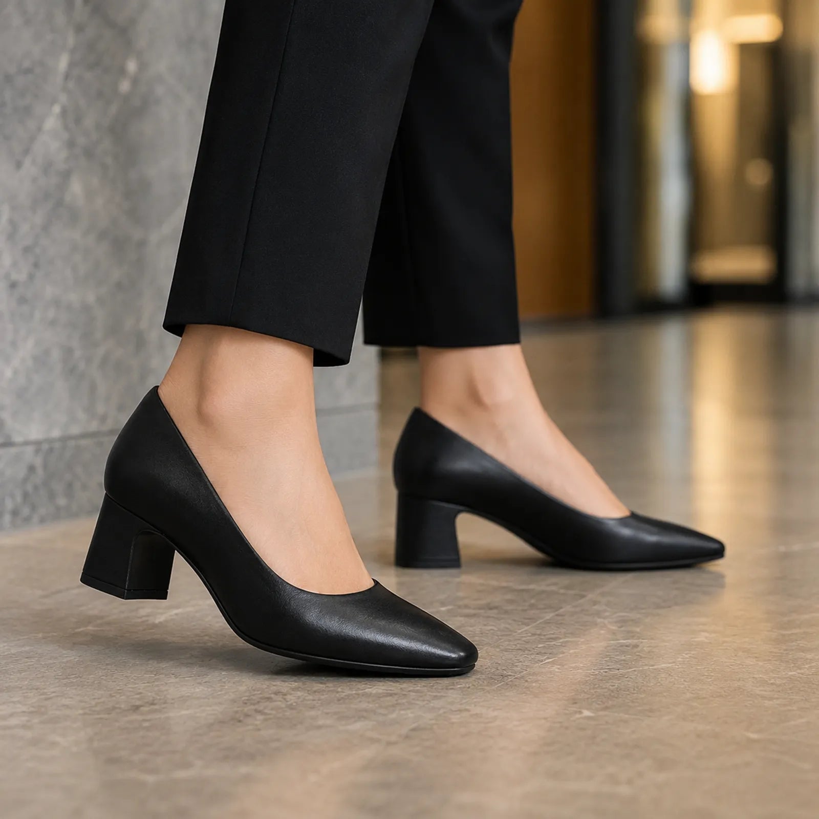 Clarks Fernie Court women's black leather pumps with elegant block heel design