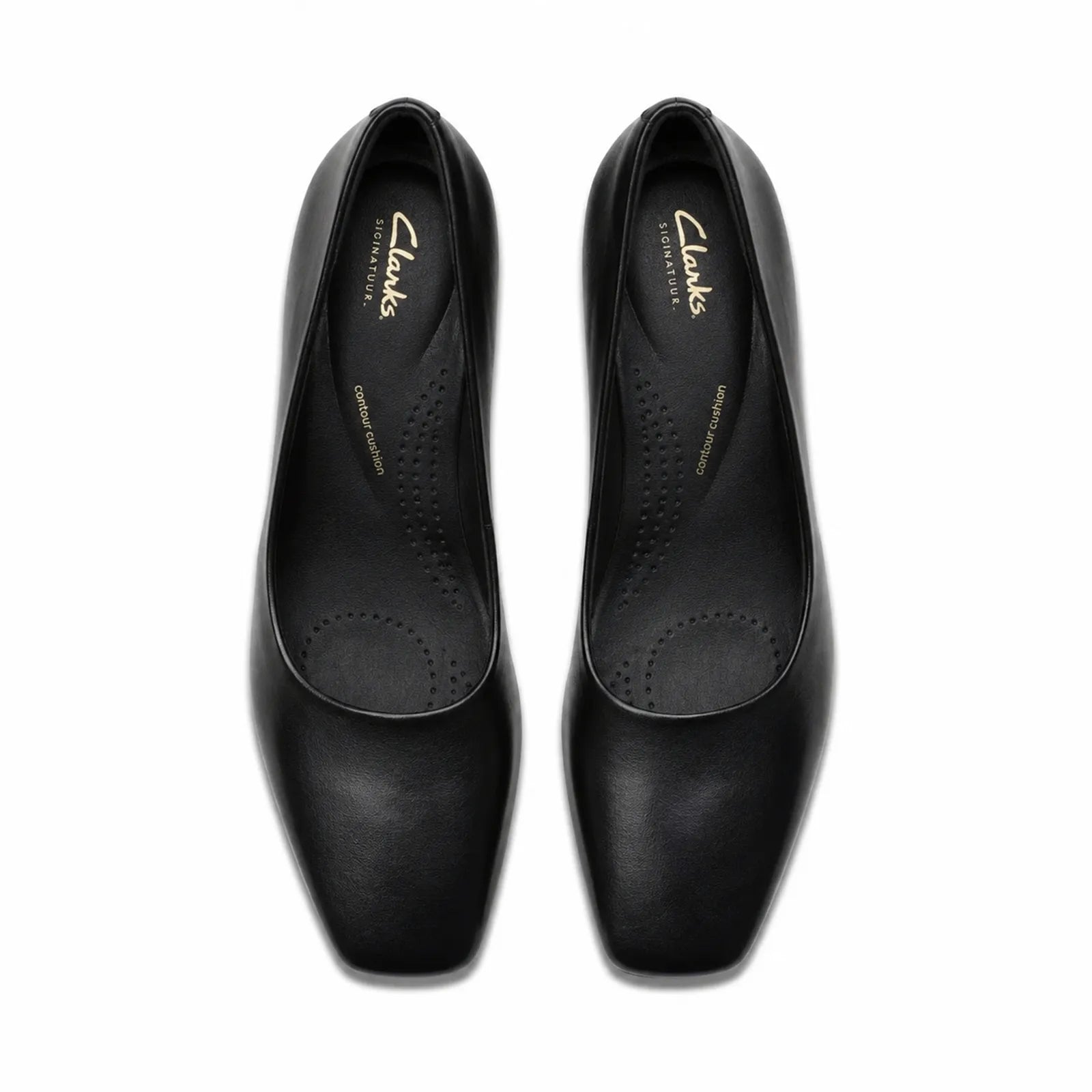 Side view of Clarks Fernie Court women's black leather pumps with 60mm block heel
