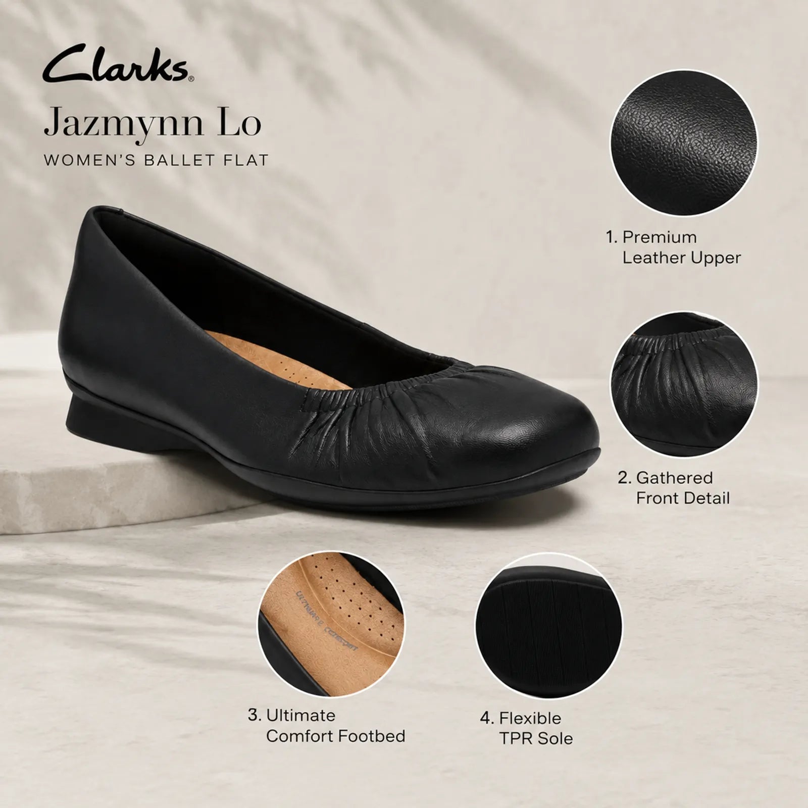 Close-up detail of Clarks Jazmynn Lo black leather upper with gathered ballet design