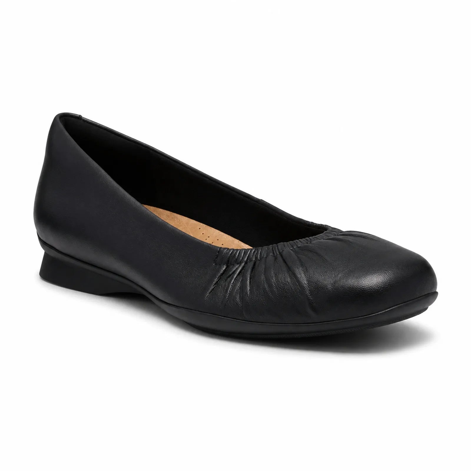 Clarks Jazmynn Lo women's black leather ballet flats with elegant gathered front detail
