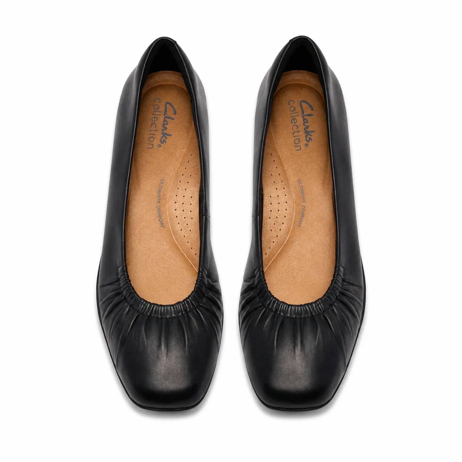 Side view of Clarks Jazmynn Lo women's black leather ballet flats with flexible TPR sole