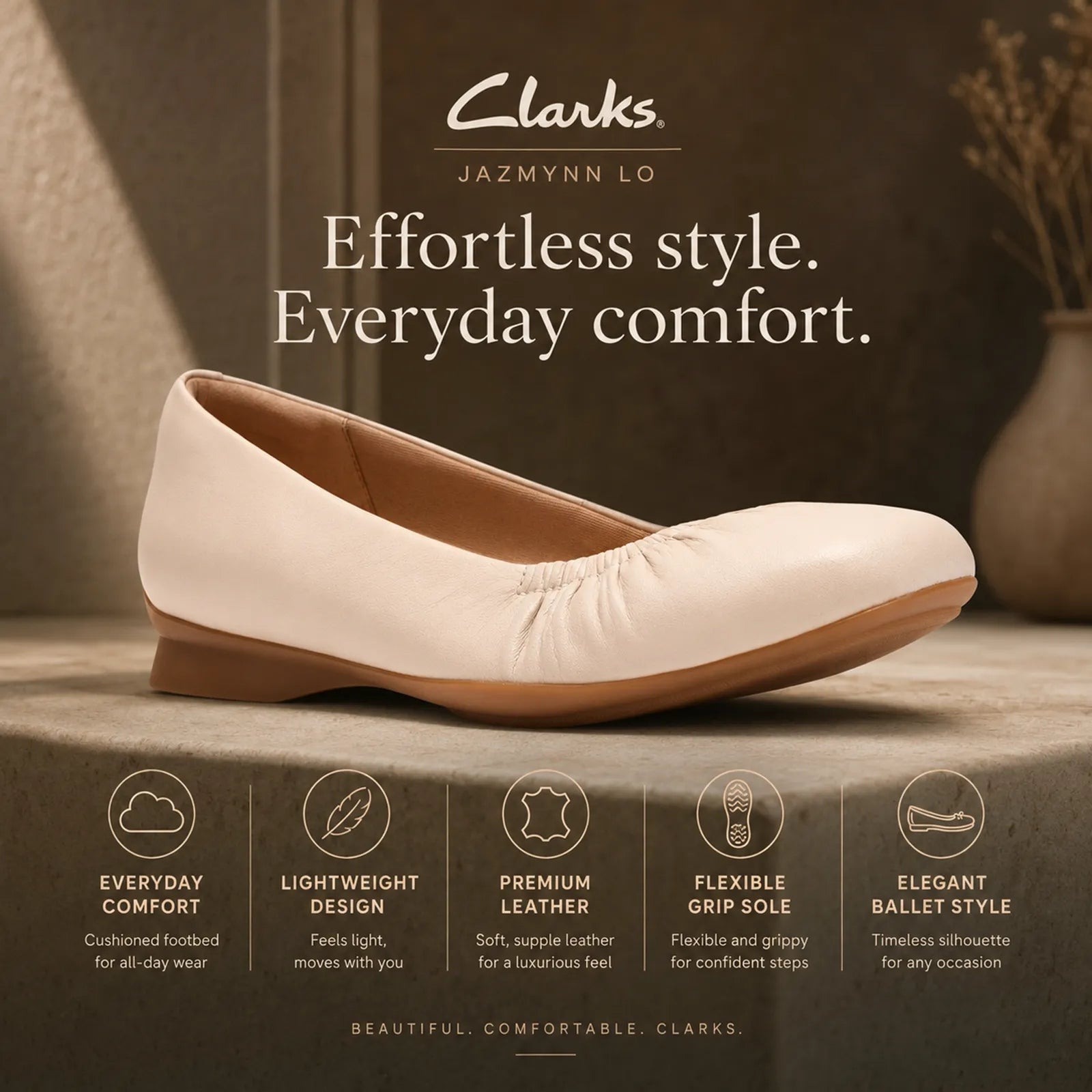 Clarks Jazmynn Lo cream ballet flats featuring Ultimate Comfort foam footbed and flexible support