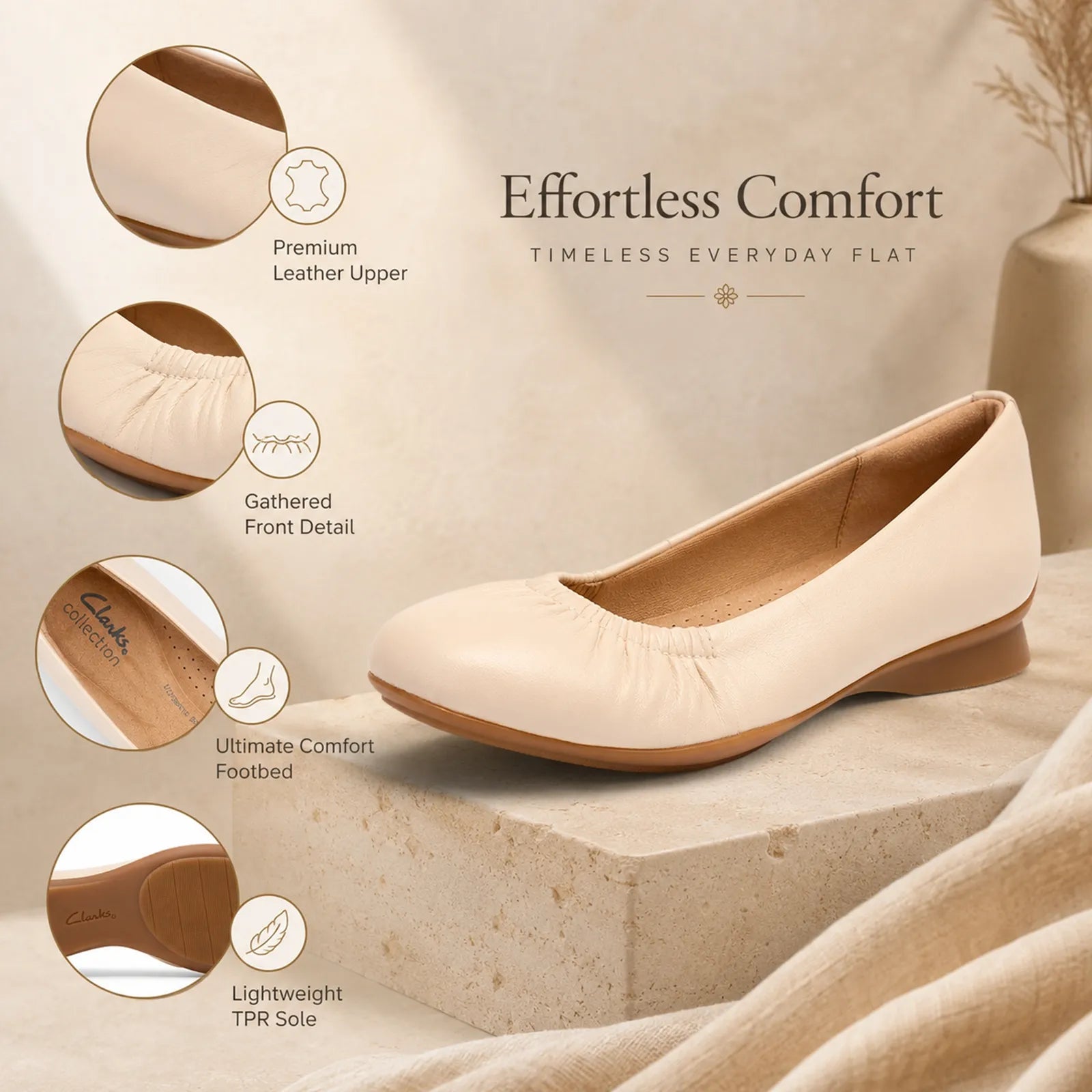 Close-up detail of Clarks Jazmynn Lo cream leather upper with gathered ballet design