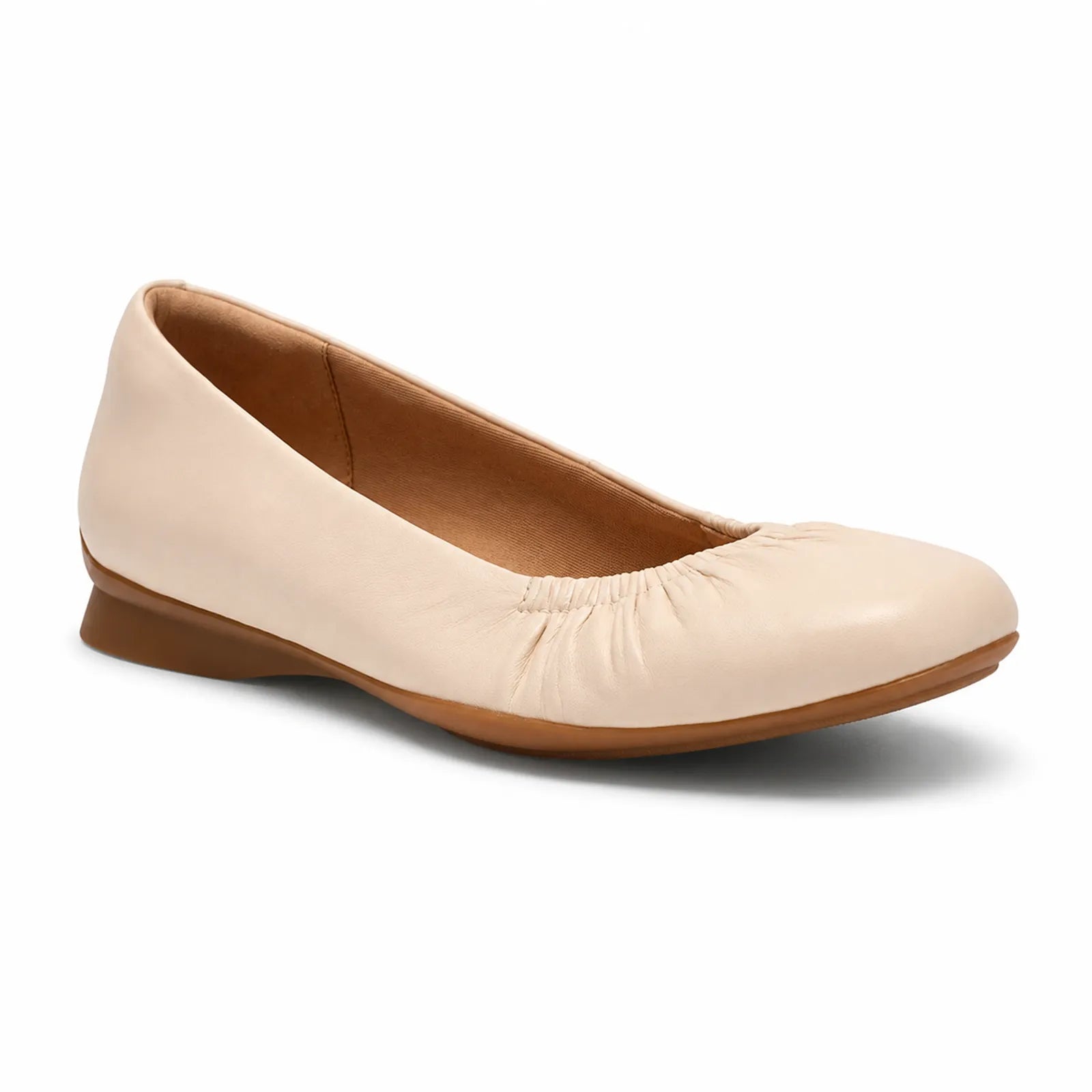 Clarks Jazmynn Lo women's cream leather ballet flats with elegant gathered front detail