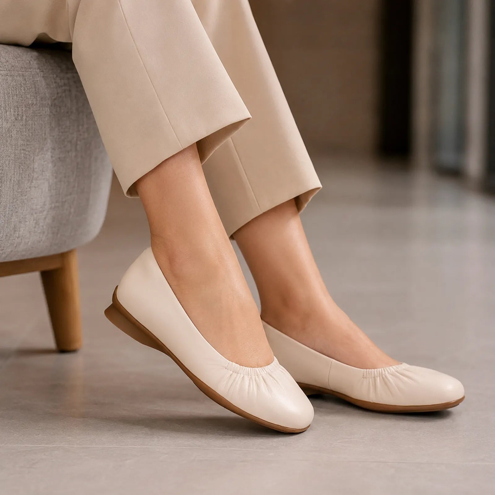 Clarks Jazmynn Lo cream leather ballet flats shown on foot for everyday comfort
