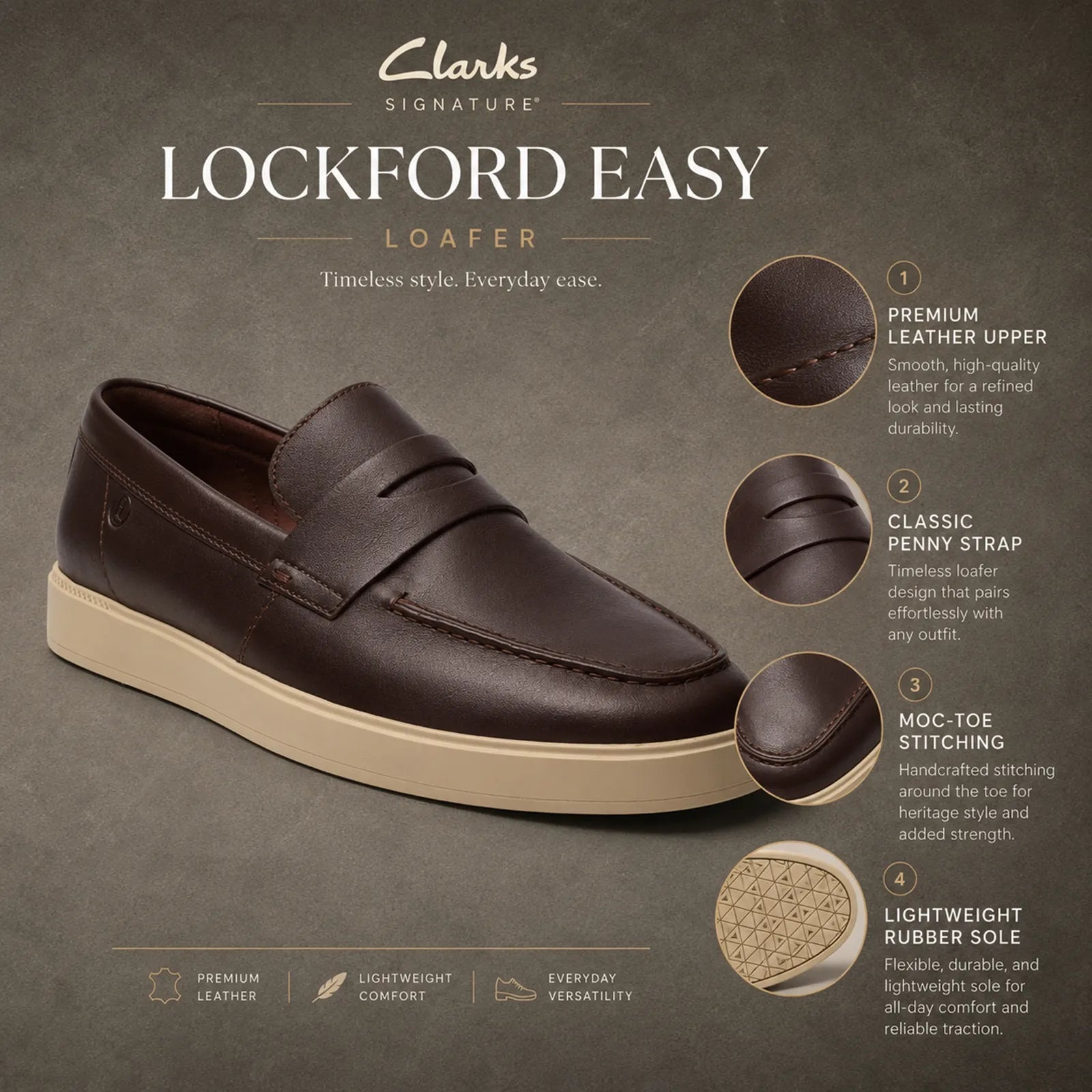 Close-up detail of Clarks Lockford Easy brown leather upper and lace detail