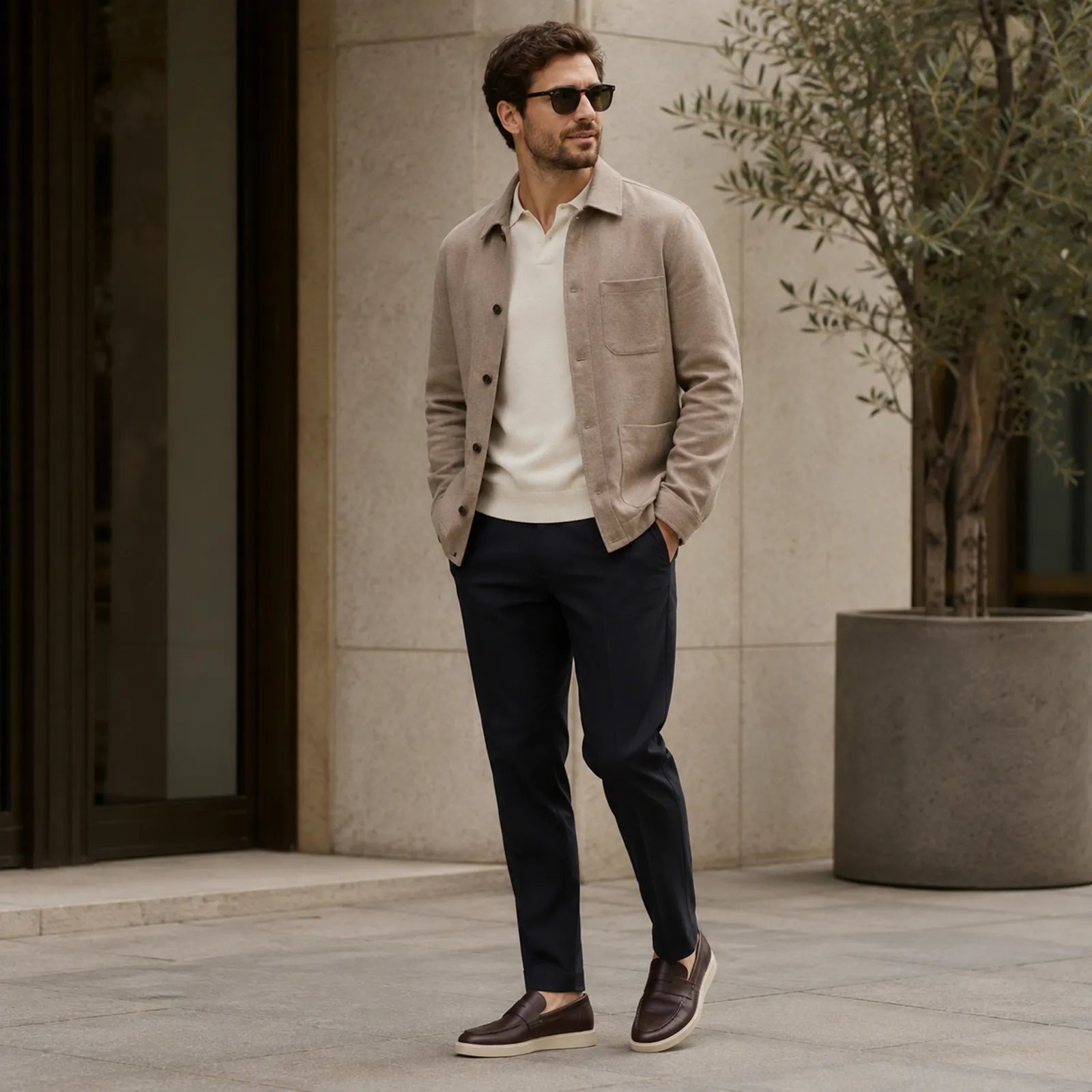Man wearing Clarks Lockford Easy brown leather loafers with casual outfit