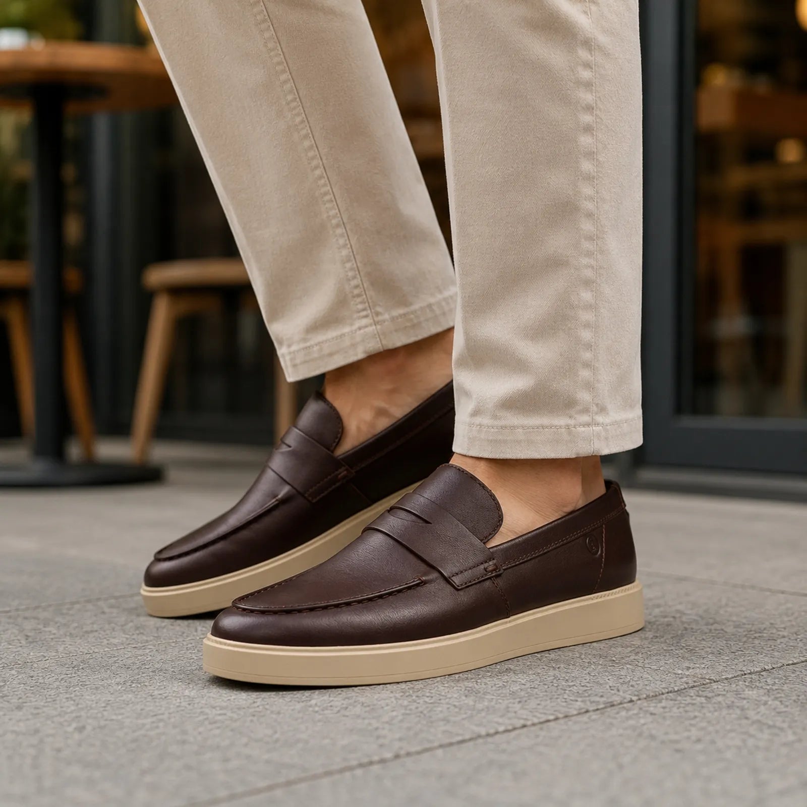 Clarks Lockford Easy brown leather loafers shown on foot for comfortable everyday wear